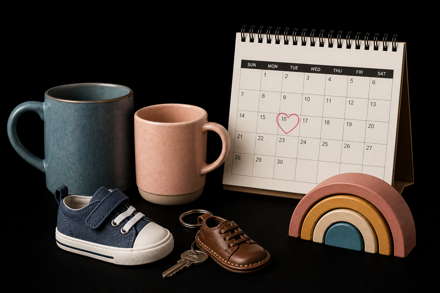 Shared home life — mugs, calendar, everyday shoes