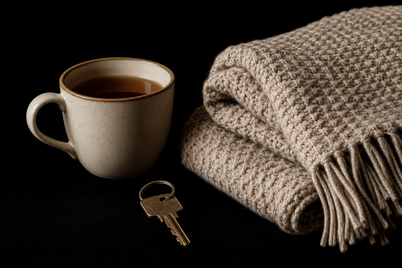 Tea, house key, and blanket — care at home, not a waiting room