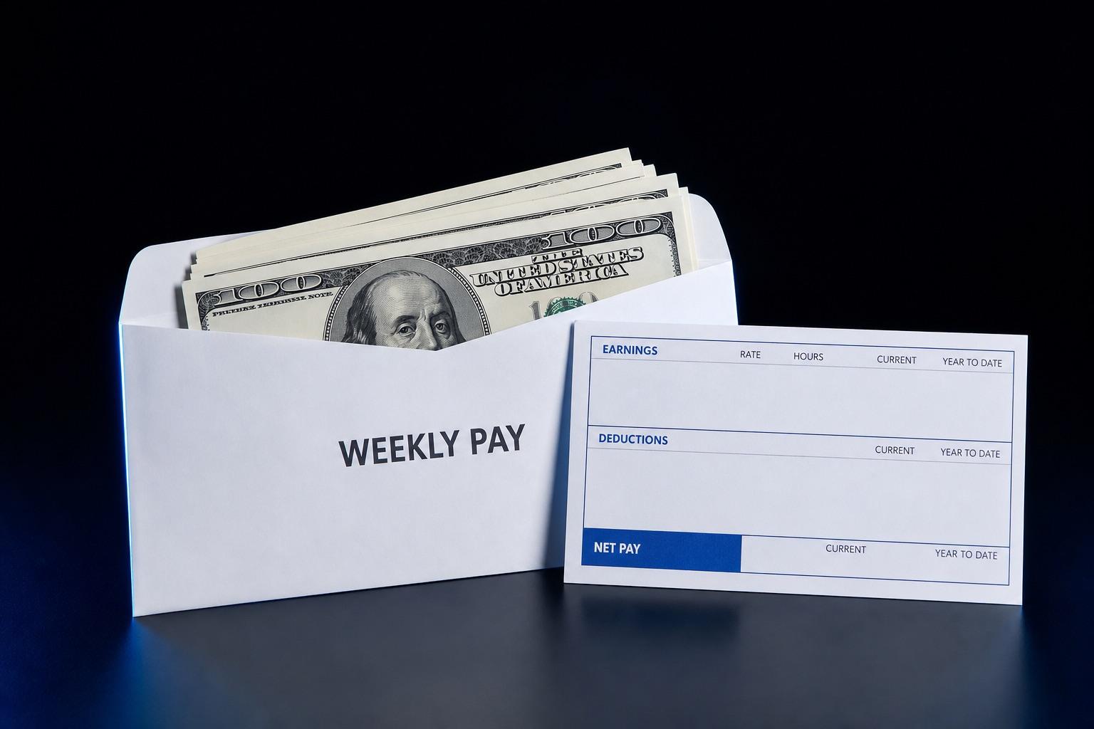 Weekly pay envelope and pay stub on a dark studio surface