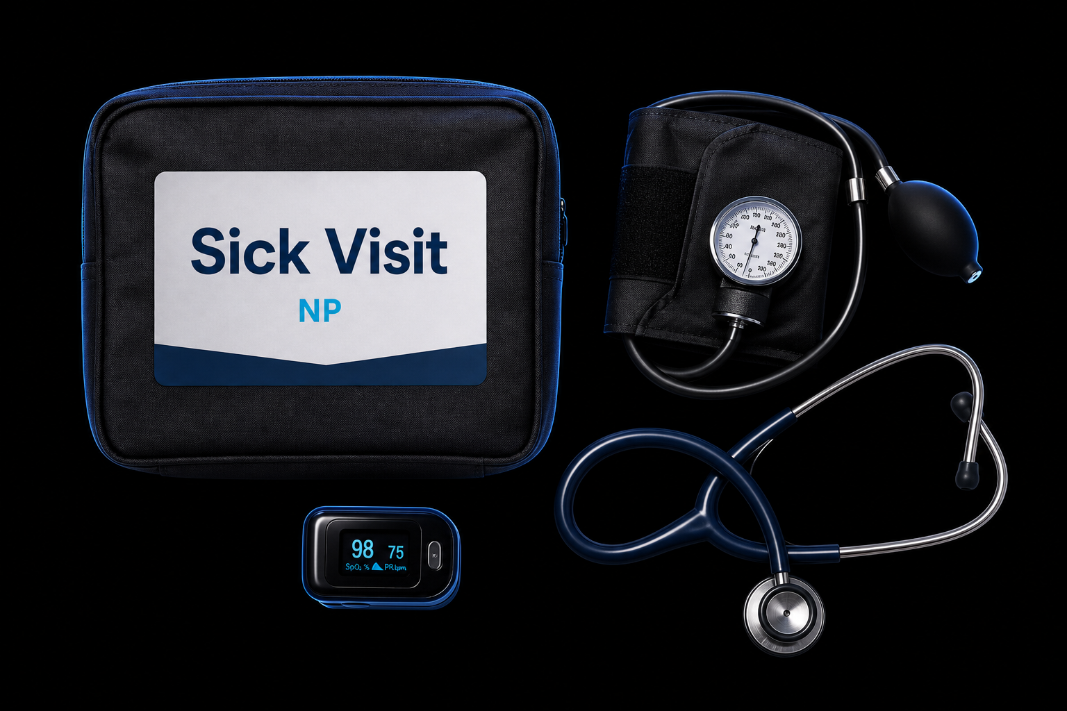 Sick visit kit — exam bag, BP cuff, pulse ox, stethoscope on black